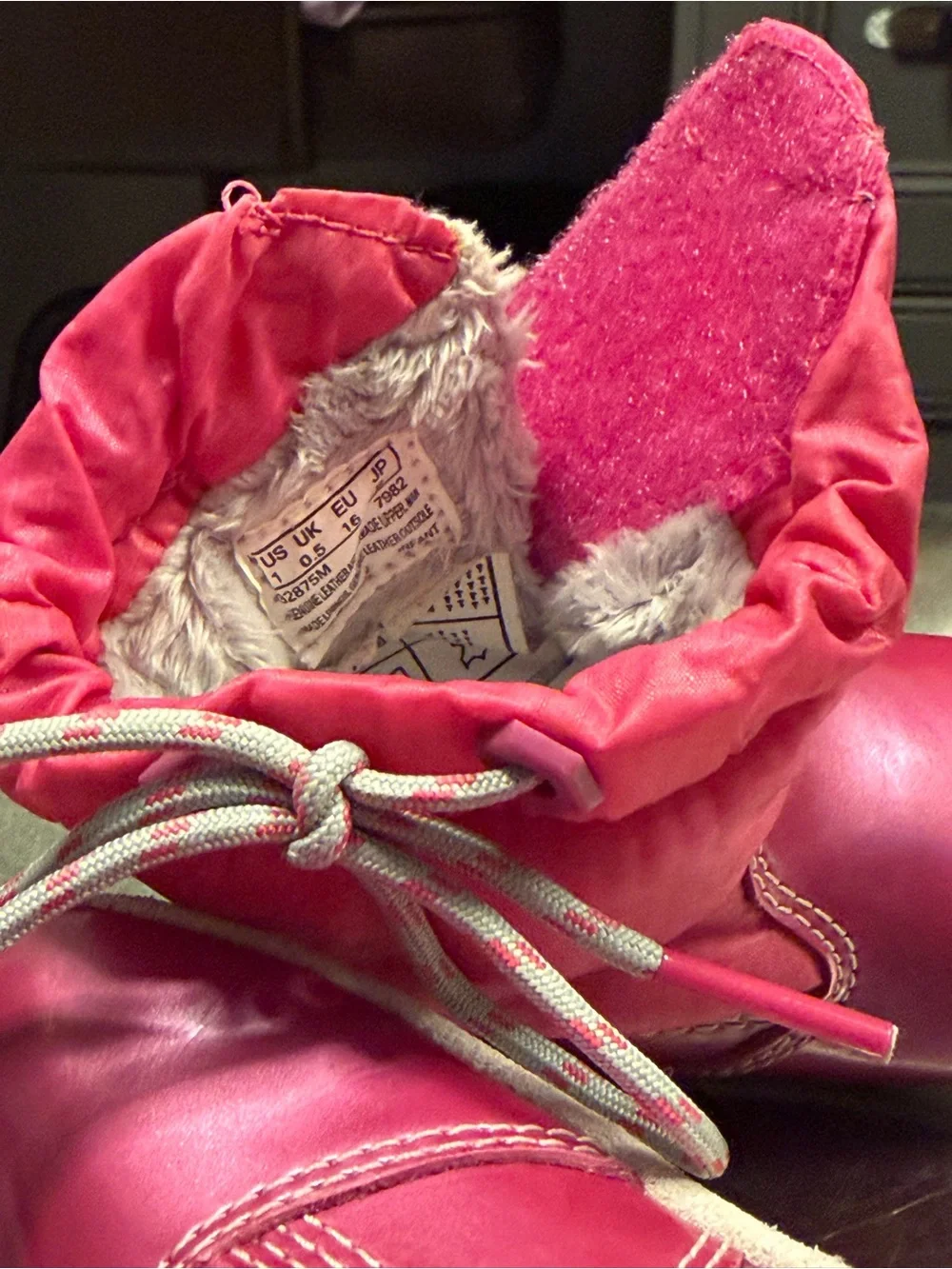 Timberland Pink Leather Ankle Booties Size 1 Fur Lined Draw Cord